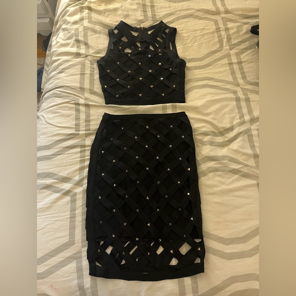 bebe Black Woven Skirt and Tank Set with cut outs and studs